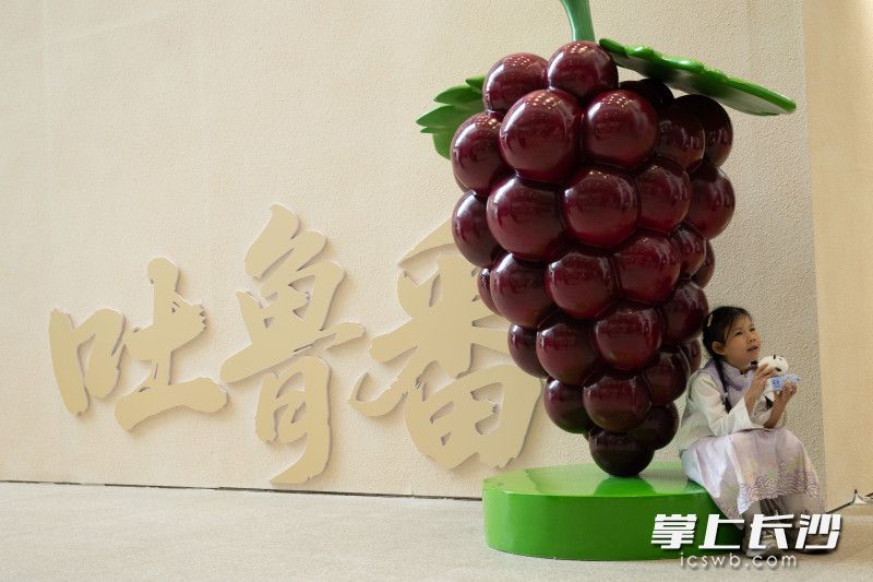 展览现场，一位观众坐在葡萄装置前。