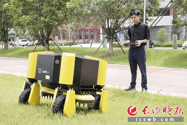 陈旭阳在操作智能无人割草机。 长沙晚报全媒体记者 尹昊天 摄