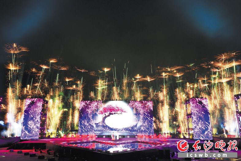 花炮是浏阳一道亮丽的风景线,也是整个湘赣边区域最具特色的产业。图为浏阳天空剧院烟花诗剧首秀场景。陈飞 摄